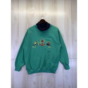 Vintage Sports Accent Womens Green Nautical Embroidered Trurtle Neck Sweatshirt